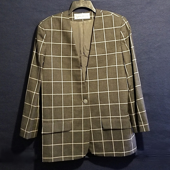 Evan Picone Window Pane Pattern Collarless Jacket A Single-Button Closure - Picture 1 of 8